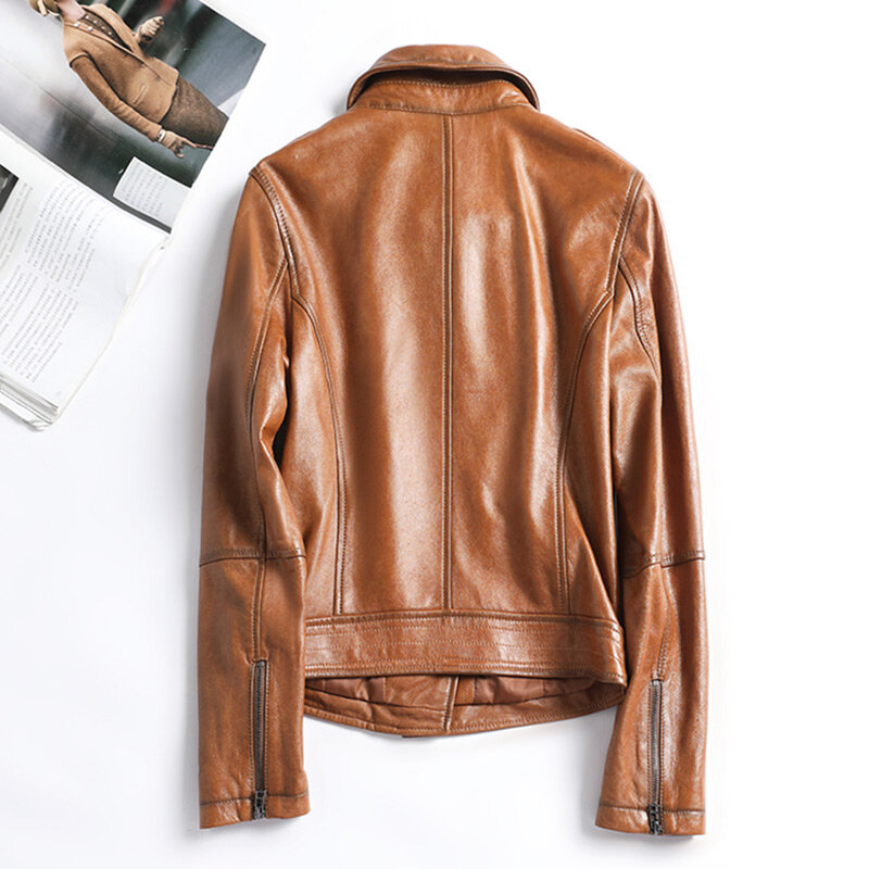 Lady Sheepskin Leather Jackets Fashion Solid Motorcycle Real Leather Coats Zipper Soft Bomber Jackets 2023 Spring Autumn CL4015