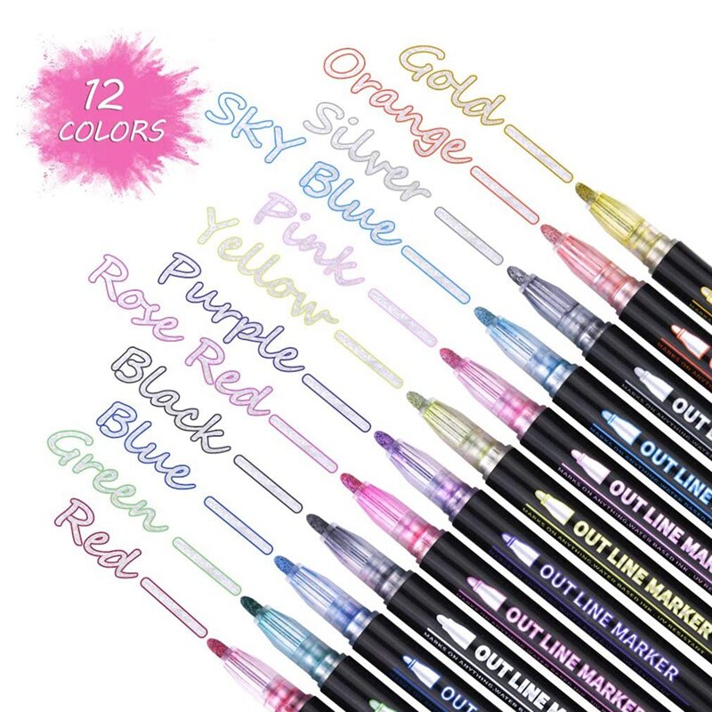 Double Line Outline Pens 12 Colors Outline Metallic Markers Glitter Outline Pens Writing Drawing Pens DIY Art Crafts