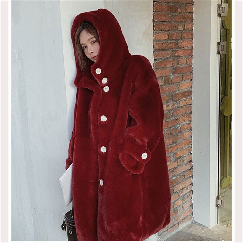 Элегантные Роскошные утепленные свободные пушистые куртки из искусственного меха корейская мода однобортные теплые пальто с капюшоном женские темпераментные Топы