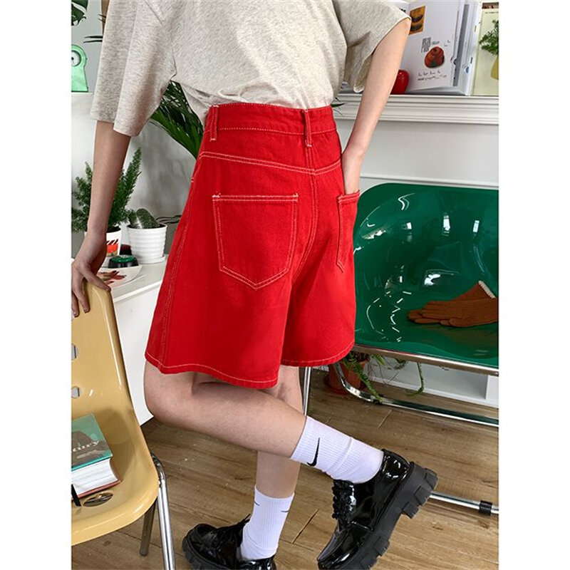 Shorts jeans vermelho feminino, estilo de rua vintage, menina jovem, calça meia cintura alta, shorts retos femininos casuais de linha A, novo, verão
