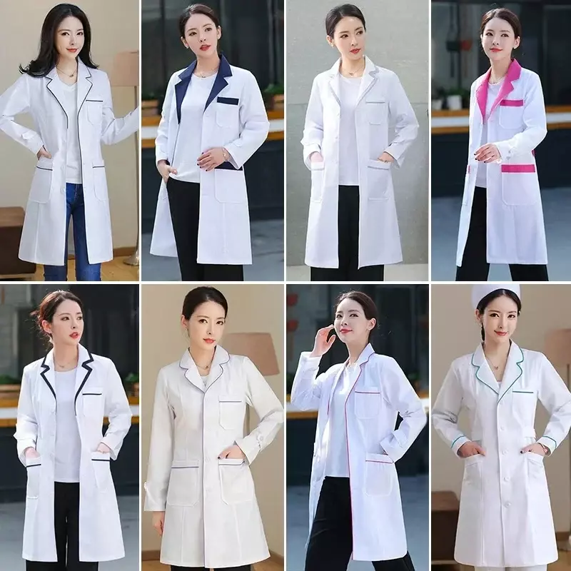 Cappotto bianco Unisex a maniche lunghe all'ingrosso di alta qualità ricamo allentato abiti da lavoro accessori per infermiere camice da laboratorio uniforme medica
