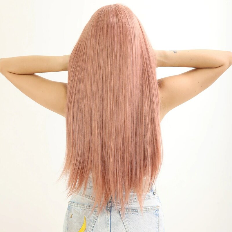 Smilco wyróżnij różowe syntetyczne koronkowe peruki z prostymi włosami dla kobiet niewidoczna koronkowa peruka z przodu wstępnie oskubane codzienne włosy termoodporne