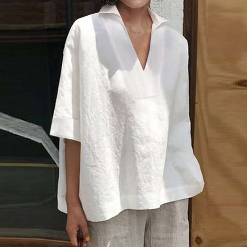 Kaus Harajuku Solid Lengan Pendek Vintage Kasual Atasan Ukuran Besar Blus Linen Katun Sederhana Elegan Longgar Wanita Cocok Leher V