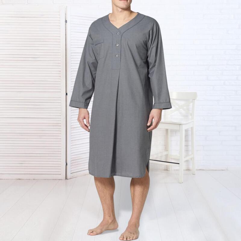 Халат мужской с V-образным вырезом, мягкая дышащая ночная рубашка с карманами и пуговицами, пижама сплошного цвета с длинными рукавами, длиной до колена