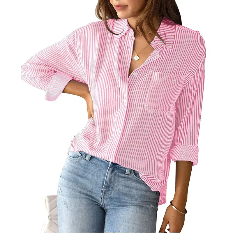 Женская блузка в полоску, Свободный Топ с накладным карманом и длинным рукавом, Офисная рубашка для осени, 2024