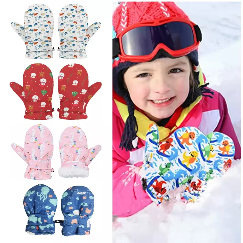1 pz impermeabile antivento sci guanti da neve per bambini bambino cartone animato addensato in pile caldo inverno guanti per bambini ragazze ragazzi 2-4Y