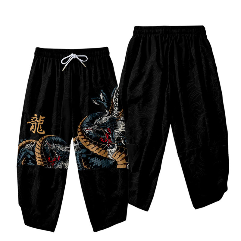 Large Size 6XL 7XL Japanese Kimono Cardigan Pants Set  Print Dragon Men Women Shirt Tradition Yukata Haori Obi Coaplay Costume