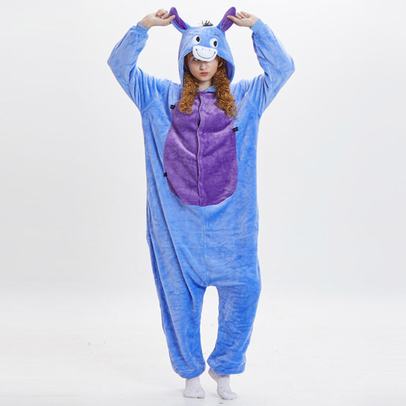 Blue Donkey Sleepwear Nightgowns Hooded Jumpsuit Pajamas Kigurumi For Adult Homewear Flannel Anime Cartoon Oversized Cosplay