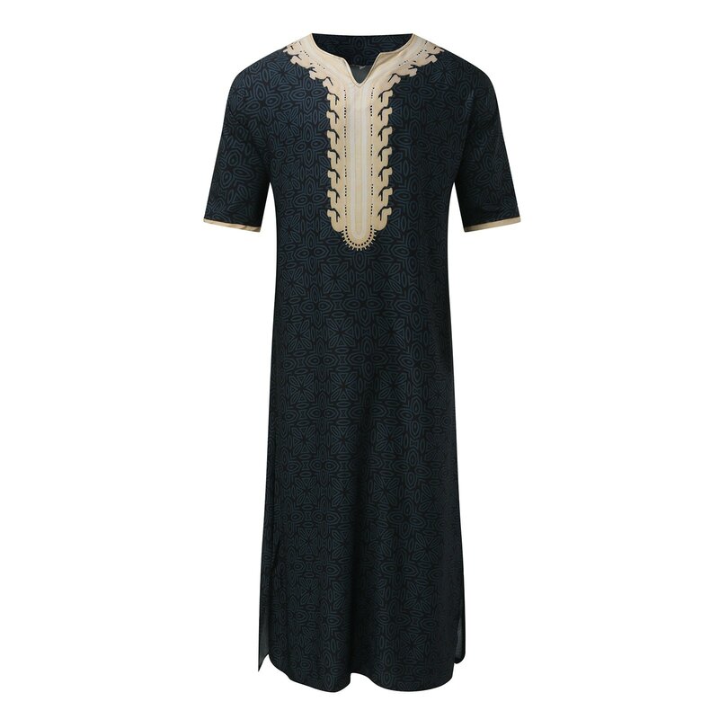Robe arabe brodée vintage pour hommes, vêtements musulmans, couleur unie, grande taille, robe islamique, mode, tunique musulmane à demi-manches