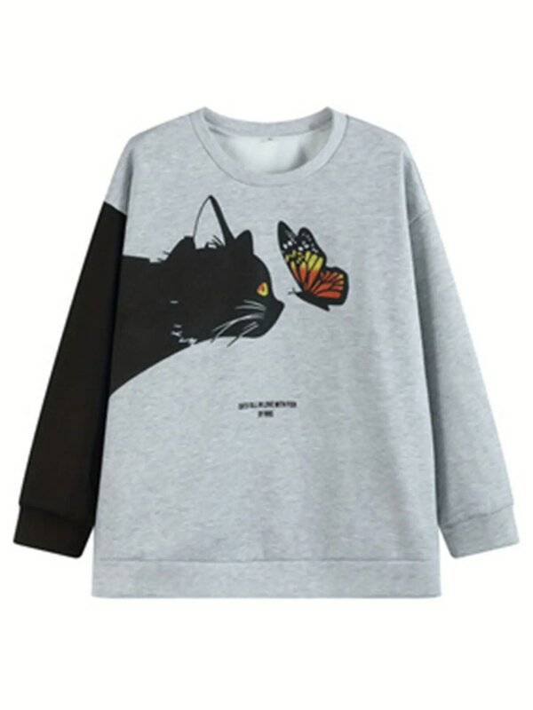 Plus Size Casual Sweatshirt, Women's Plus Letter & Cat & Butterfly Print Long Sleeve Round Neck Sweatshirt