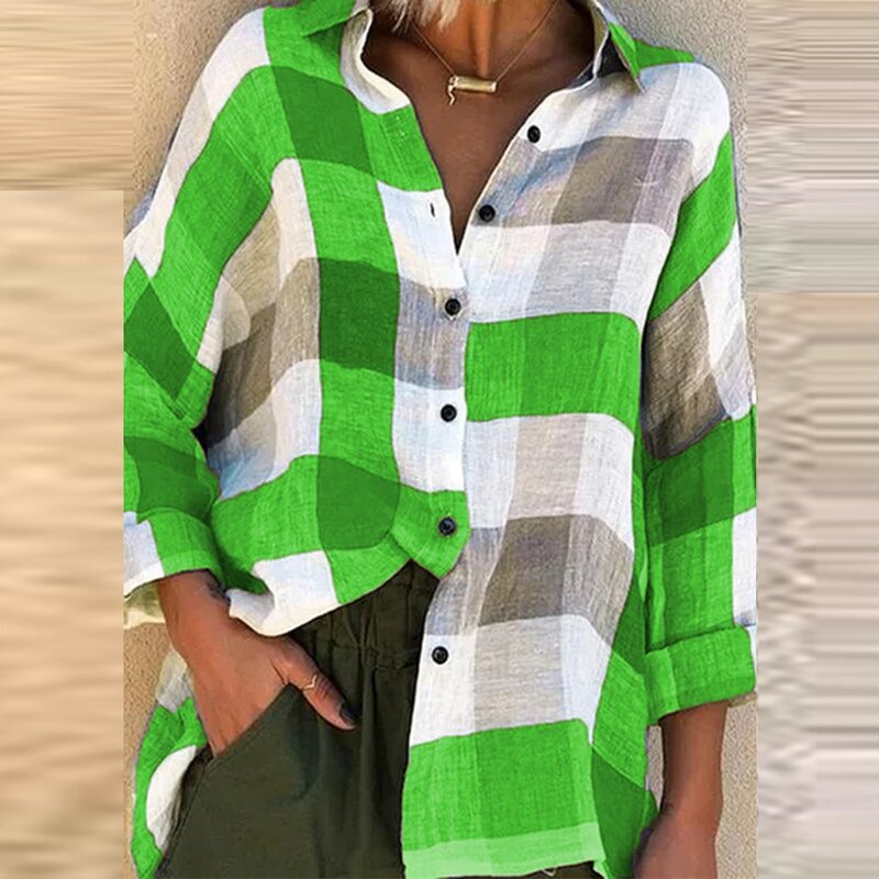 Женская модная Свободная рубашка в клетку с длинным рукавом и отложным воротником, топы, блузки из хлопка и льна на пуговицах