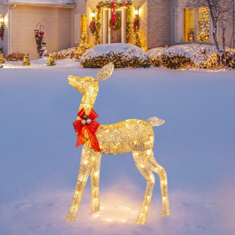 คริสต์มาส Reindeer ไฟสวนกลางแจ้งยืนเครื่องประดับ Elk สีแดง Bowknot สำหรับลานสนามหญ้า Sparkling Party Favor