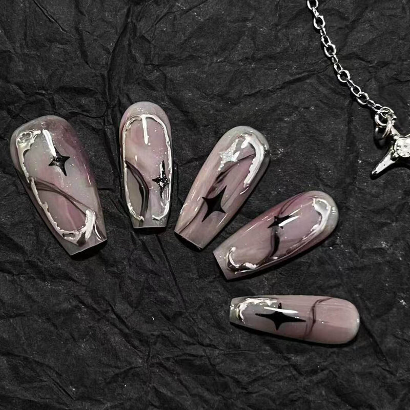 10 pezzi nero fatto a mano stampa sulle unghie Set punte francesi metallo fresco unghie finte bara viola copertura completa manicure punte per unghie indossabili
