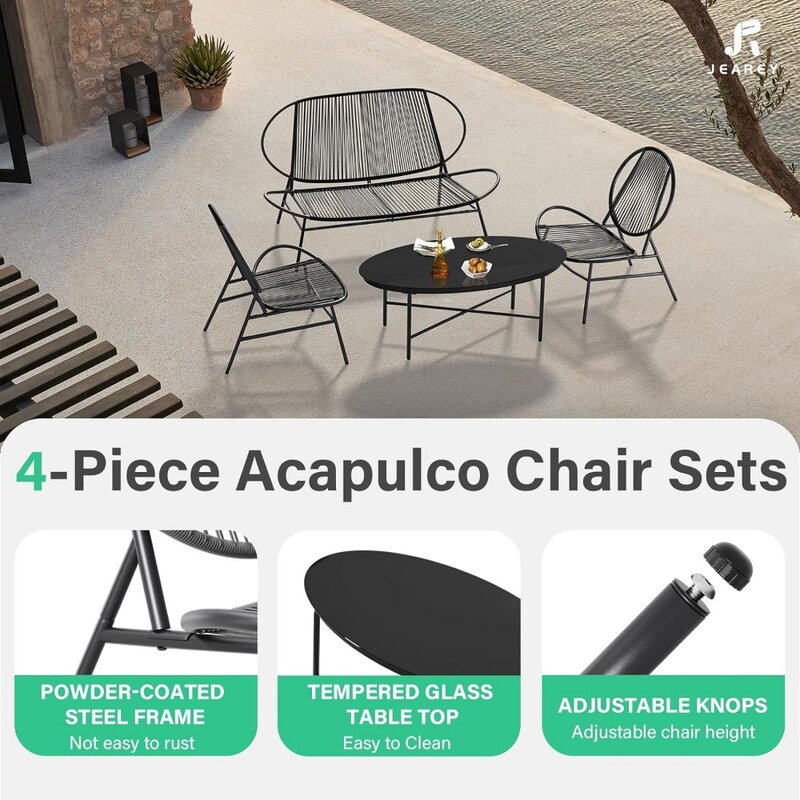 4 Piece Outdoor Patio Furniture Set with Woven Rope, Conversation Patio Set with Tempered Glass Table, All Weather Patio