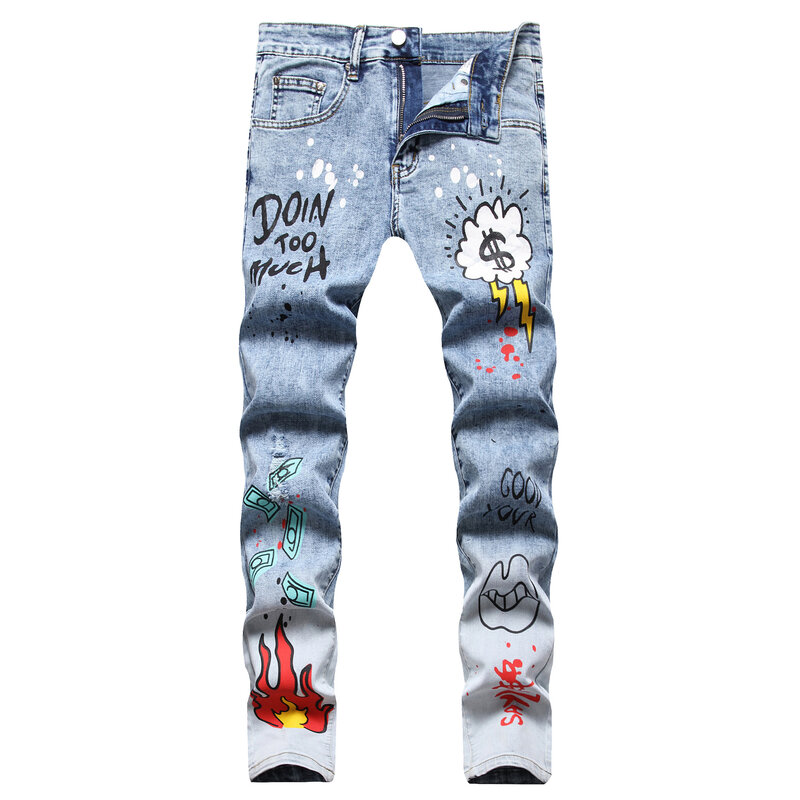 Autumn Fashion Casual Men's Jeans Pants Slim Fit and Stretchy Hip-hop Colorful Prints  Wash Slim-fit Denim Skinny Jeans  Men