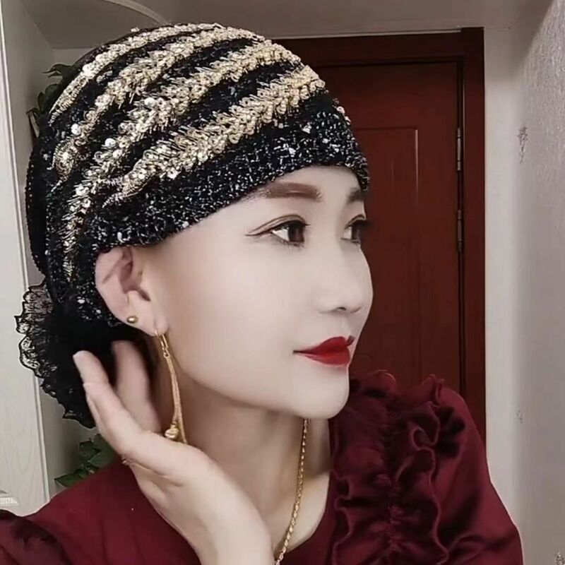 Glitter Diamonds Embroidery Lace Turban Hats for Women Muslim Headscarf Head Wraps Caps Female Daily Beanie Hair Cover Cap