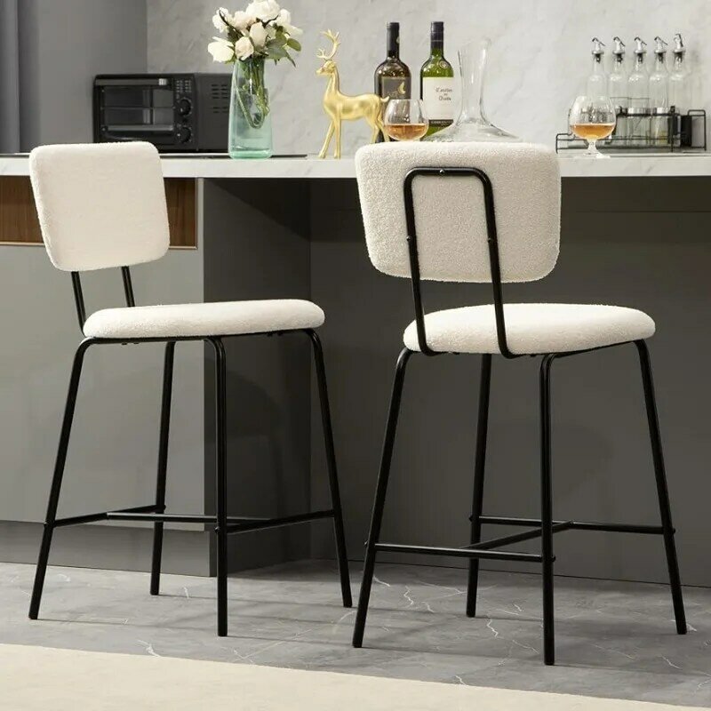 Barstools Set of 2 Counter Height Bar Stools : Modern White Upholstered Boucle Fabric Bar Stool for Kitchen Bistro Pub A