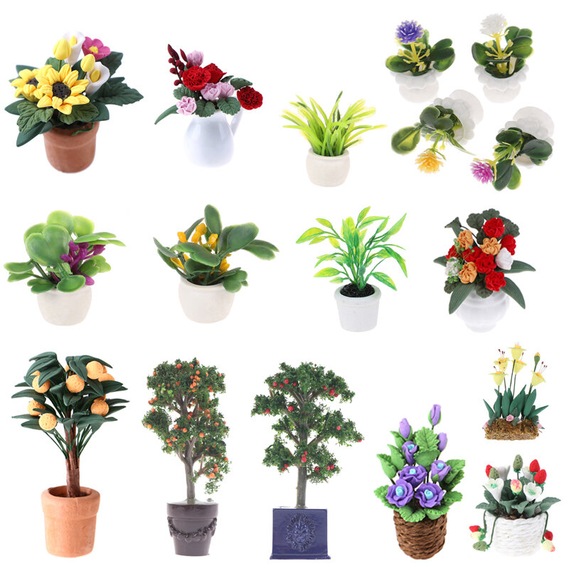 1/12 Dollhouse Miniature Potted Plant Mini Green Plants Flower Model for bjd Decoration Doll House accessories