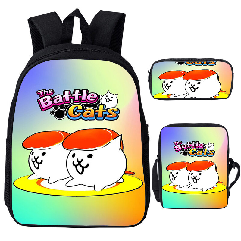 Juego de 3 piezas de The Battle Cats, mochila de hombro, bolso para bolígrafos, mochilas escolares de dibujos animados para niños y niñas, mochila para ordenador portátil