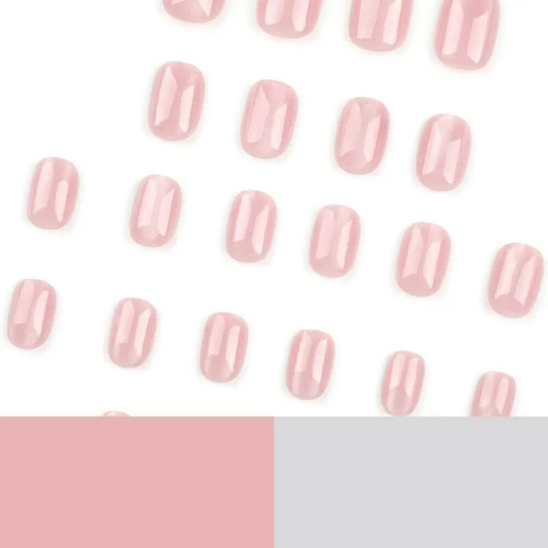 24pcs Short Round False Nails French Pink Cat Eye Fake Nails Full Cover Detachable Press on Nails Nail Tips