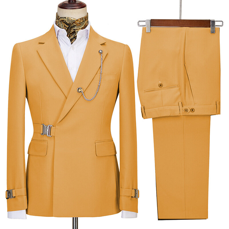 金属ボタン付きのメンズフィット単色スーツ、ビジネスウェディングバンケットドレス、パンツ付きジャケット、2個に適しています