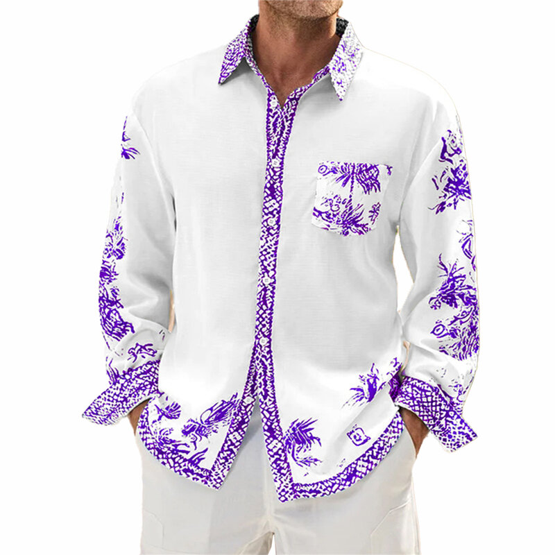 Blusa holgada de manga larga con estampado para hombre, camisa con botones, ropa informal de porcelana azul y blanca para fiesta, novedad
