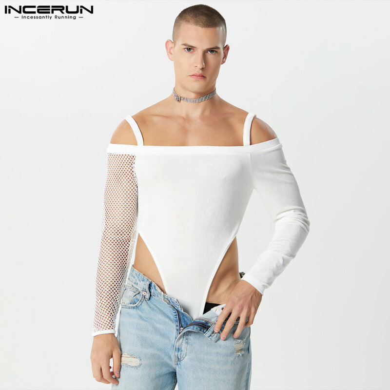 INCERUN 2023 Sexy Style New Men Homewear Fashion Solid All-match Bodysuits Handsome Male Digging Mesh Long Seeved Jumpsuit S-5XL