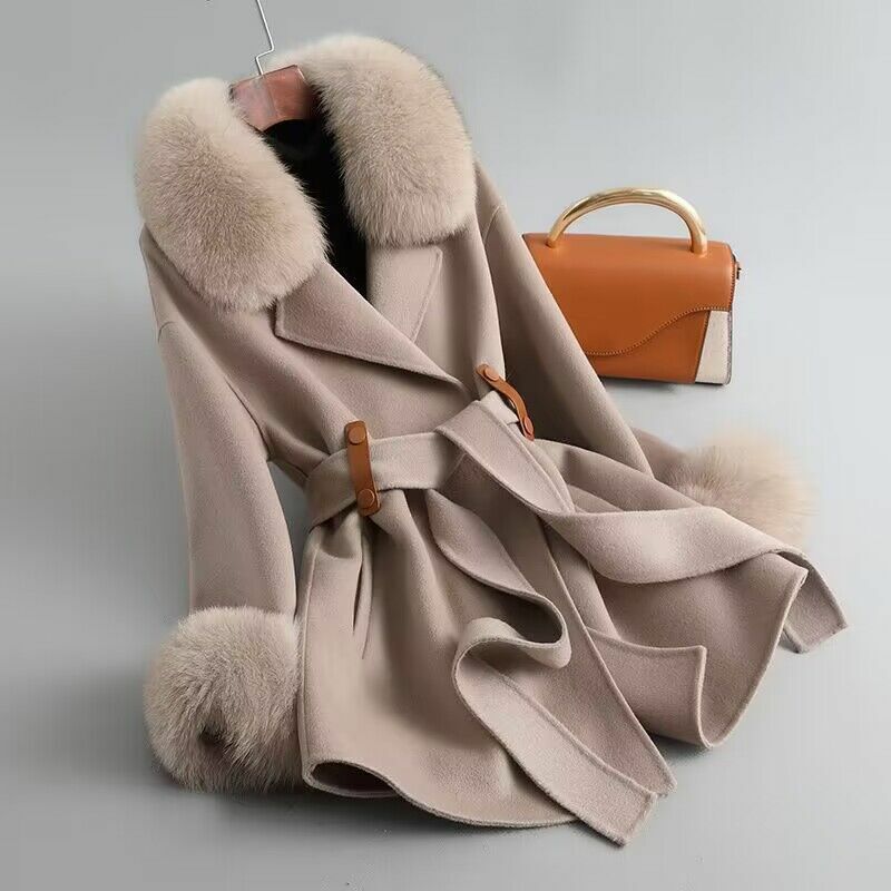 여성용 따뜻한 양모 코트, 탈부착형 모피 칼라, 단색 모직 오버코트, 캐주얼 패션, 리얼 여우 모피 칼라, 여성 재킷