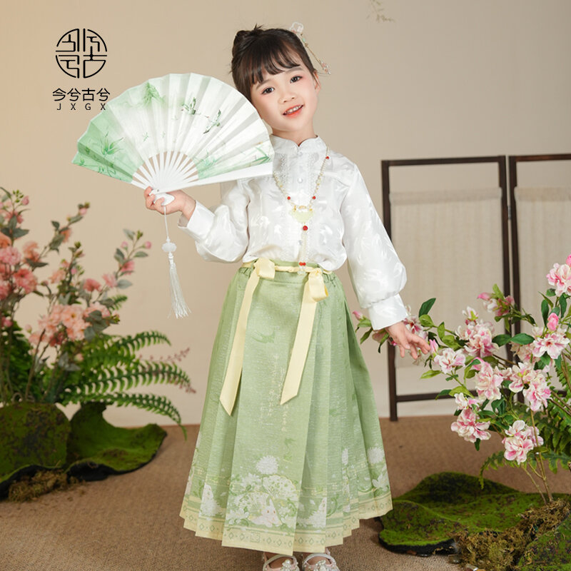Hanfu Girls' Horse Face Skirt 2024 Spring Dress Improved Shirt Stand up Collar Shirt Versatile for Daily Use Ancient Chinese Sty
