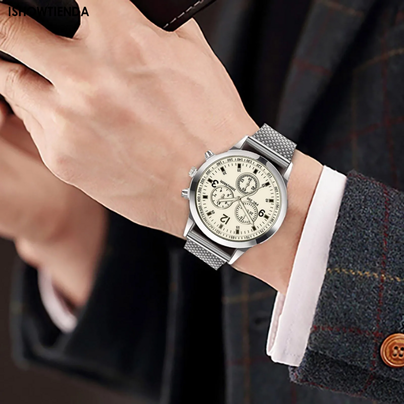 Relógio de quartzo de luxo com mostrador de aço inoxidável, relógio casual para homens Erkek Kol Saati