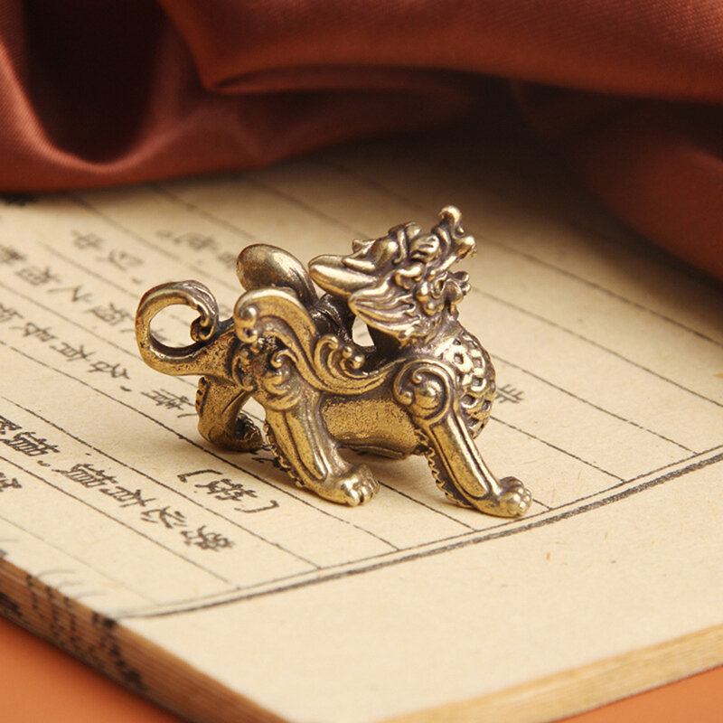 중국 풍수 황동 조각상 입상, 카일린 조각, 부 장식, 번영 좋은 야오 파이 장식, Qilin Dragon Luck Animal