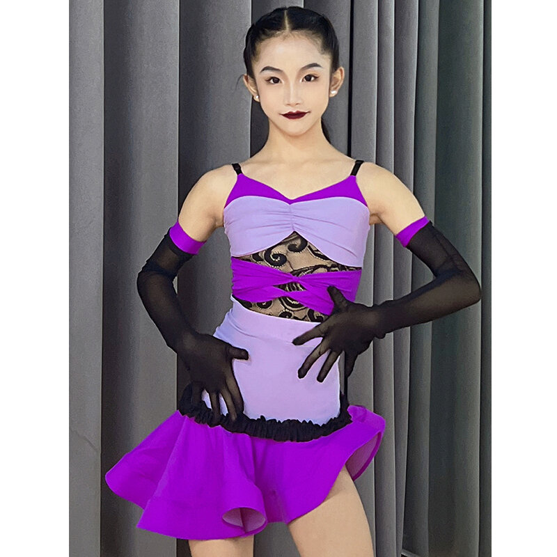 Purple Lace Latin Dance Dress Girls Performance Suit Cha Cha Ballroom Dance Comprtition Dress Kids Latin Practice Wear DNV20352