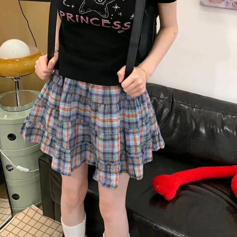 Женская клетчатая мини-юбка с оборками, в японском стиле