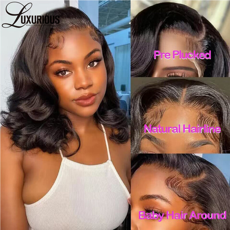 Natural Black Body Wave Wig Short Glueless Preplucked Wigs For Women Brazilian Virgin Human Hair HD Transparent Lace Front Wigs