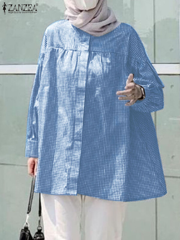Zanzea Frauen Vintage Langarm muslimische Tops Mode Herbst Shirt Truthahn Abaya übergroße karierte Bluse islamische Kleidung Kaftan