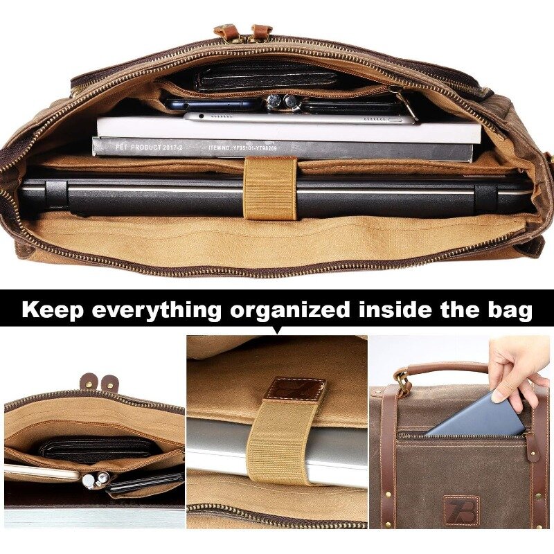 Мужская сумка 15,6 дюйма, сумка из вощеной холщовой кожи для компьютера, деловая сумка, рабочая сумка (коричневая)