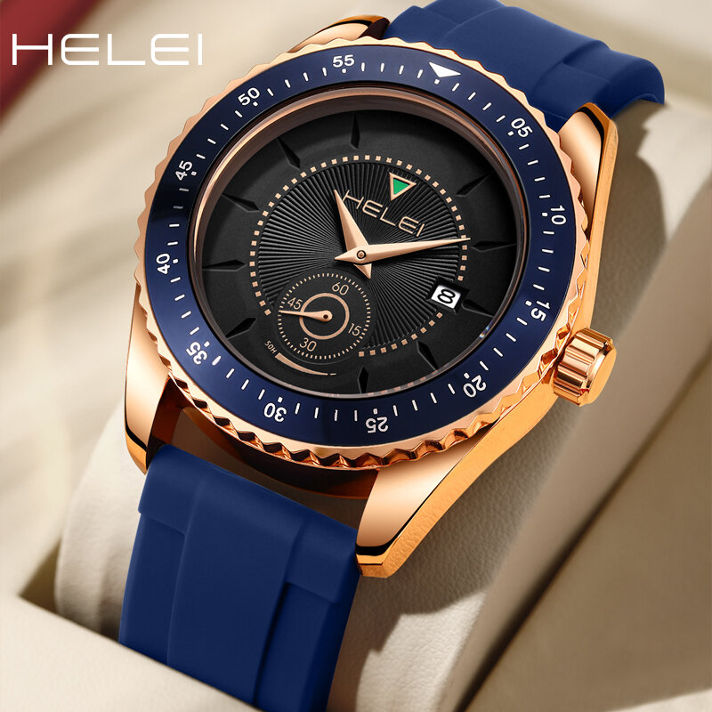 Часы наручные HELEI мужские спортивные, классические модные водонепроницаемые кварцевые с календарем, подарок для мужчин