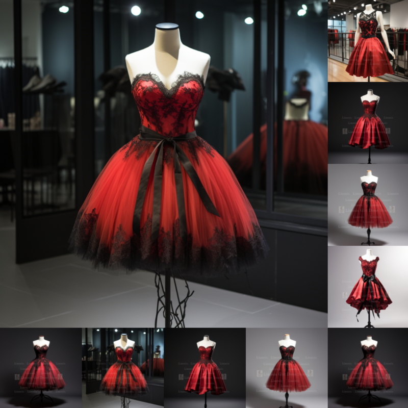 Vermelho e preto Lace Edge Applique, Curto Comprimento Lace Up Vestido de Noite, Elagant Dress, Feito à Mão, Personalizado, W1-2