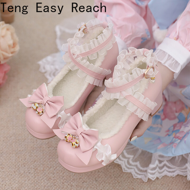 Tacchi alti da donna cinturino incrociato Mary Jane décolleté Party Wedding bianco rosa nero Ruffles Bow Princess Cosplay Lolita Shoes 31-43