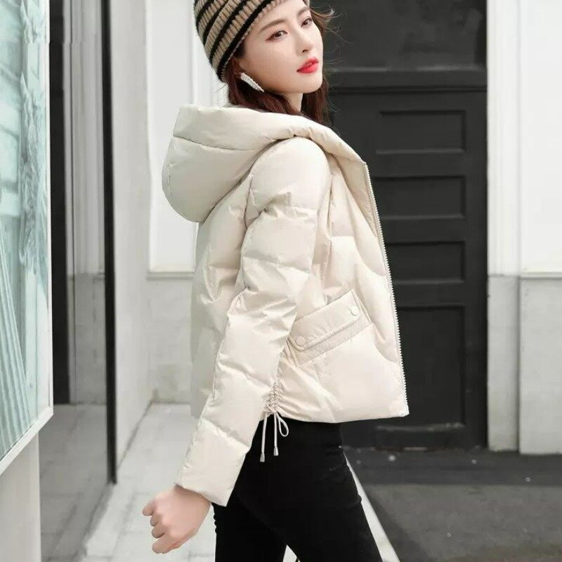 Новинка 2023, женское пуховое пальто из хлопка, зимняя куртка, женские теплые утепленные парки, короткая облегающая верхняя одежда, модное пальто с капюшоном