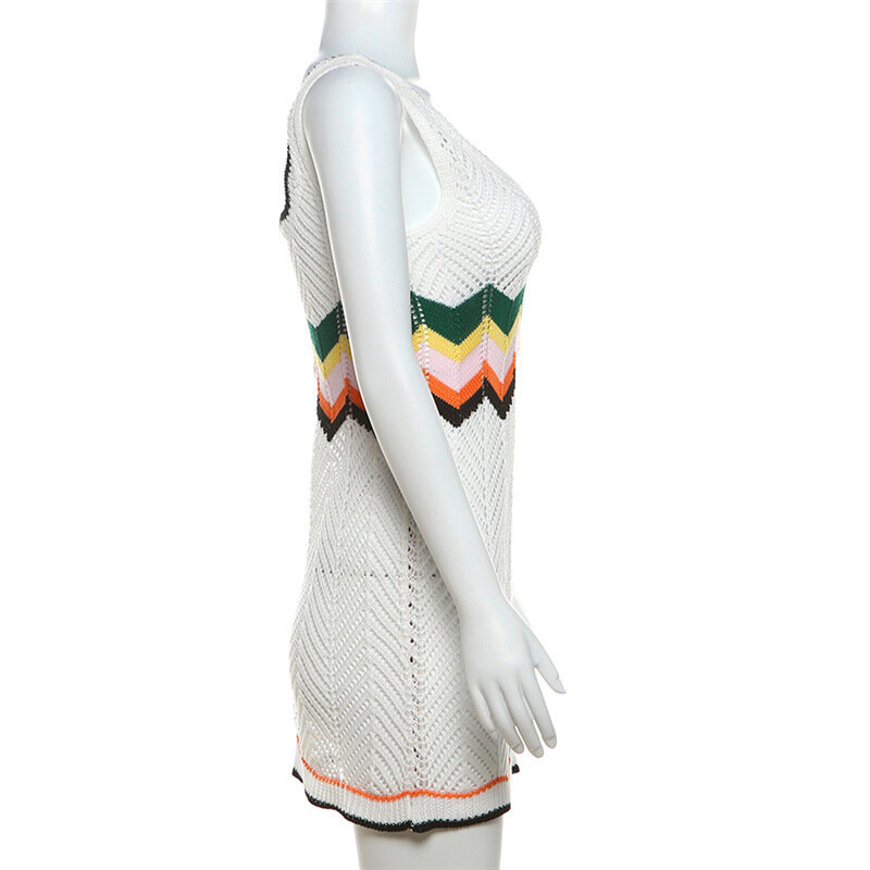 Farbe Patchwork gestrickt Bodycon Mini kleid Frauen Sommer aushöhlen V-Ausschnitt ärmellose rücken freie High Stretch schlanke Street Clubwear