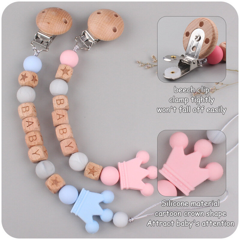 Personalized Baby Name Silicone Pacifier Chain Pacifiers Clip Customization Crown Teether Anti-drop Chains Newborn Accessories