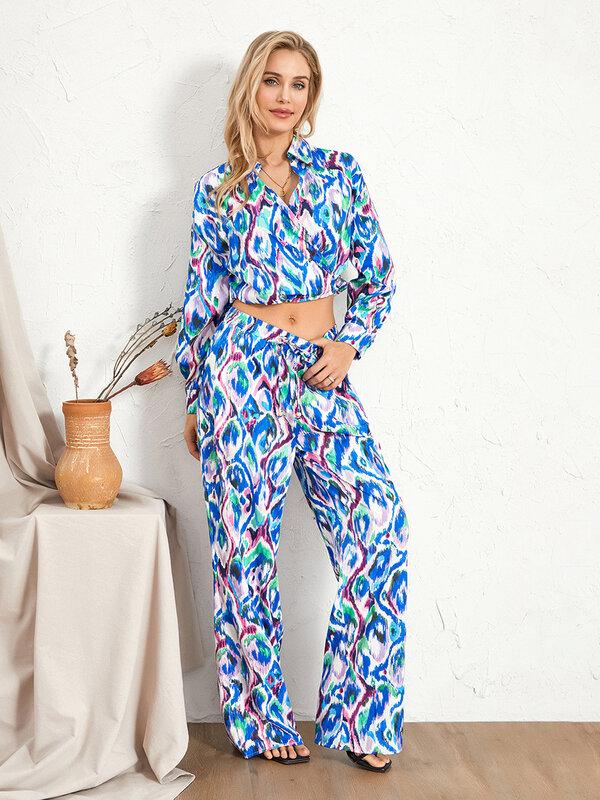 Women s Casual 2 Piece Outfits Sets Fashion Long Sleeve Wrap Lapel Shirt and Pants Set Loungewear Pajamas Suit