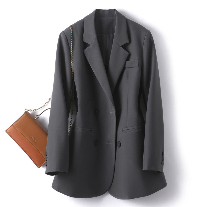 Jaket kantor kasual wanita, jaket elegan warna Solid kerah Turndown desain lengan panjang Chic All-match