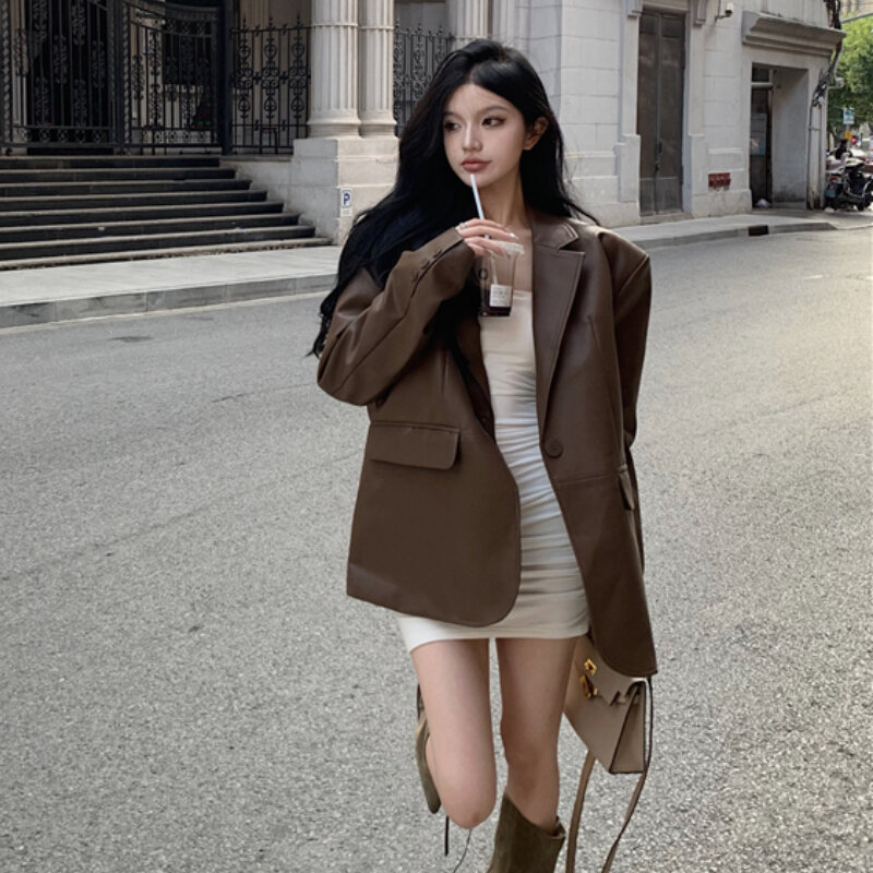 Women Faux Leather Blazers Jackets Vintage Classic Solid Loose Lapel Coats Female Outerwear Winter Long Sleeve Leather Suits