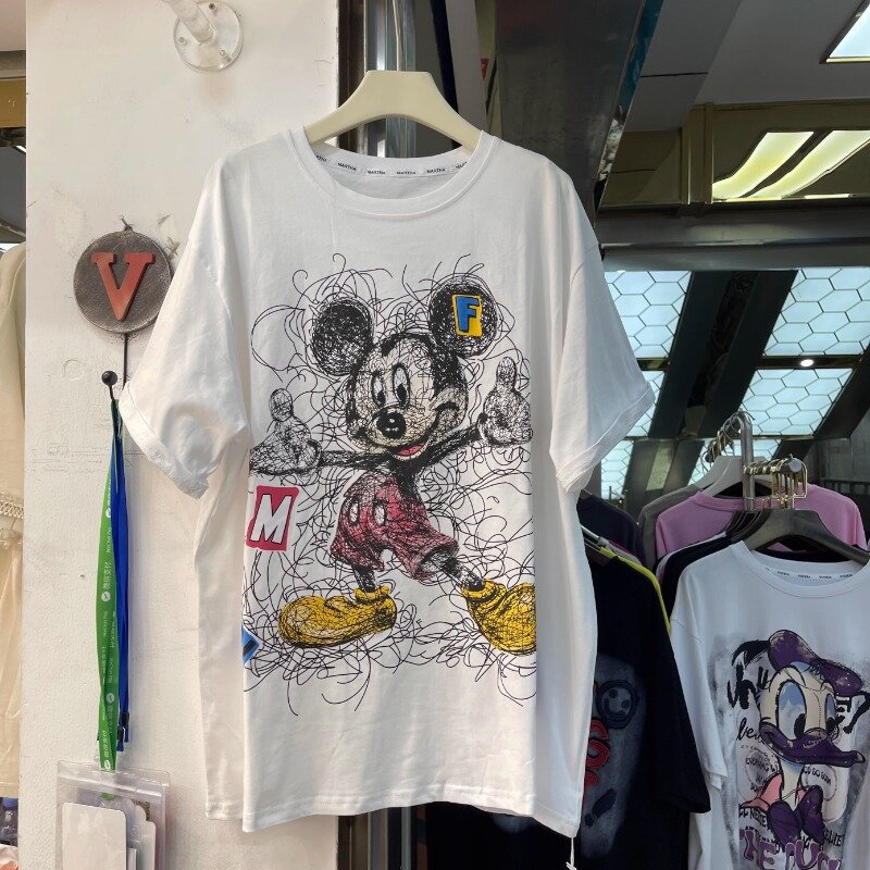 Potdemiel-Camiseta holgada de algodón para mujer, Jersey de manga corta con estampado de dibujos animados, longitud media, cuello redondo, novedad de verano, 2024