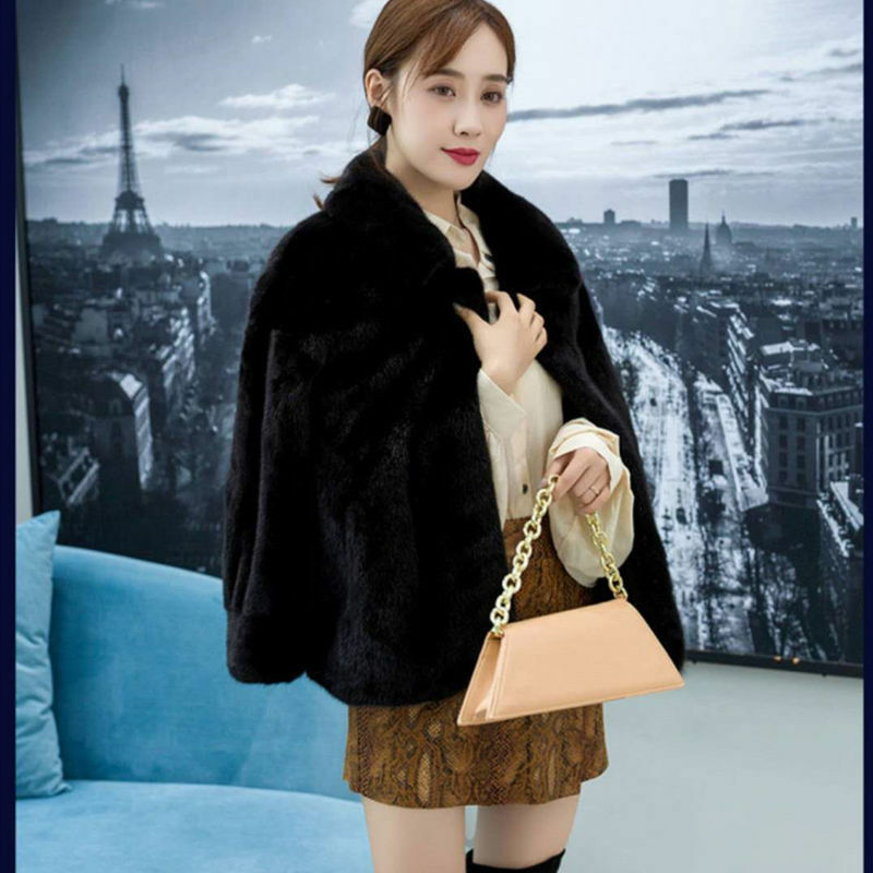 Women Cropped Faux Fur Coat Korean Fashion Autumn Winter Plush Outwear Solid Colors Imitation Mink Warm Turn Down Collar Jacket
