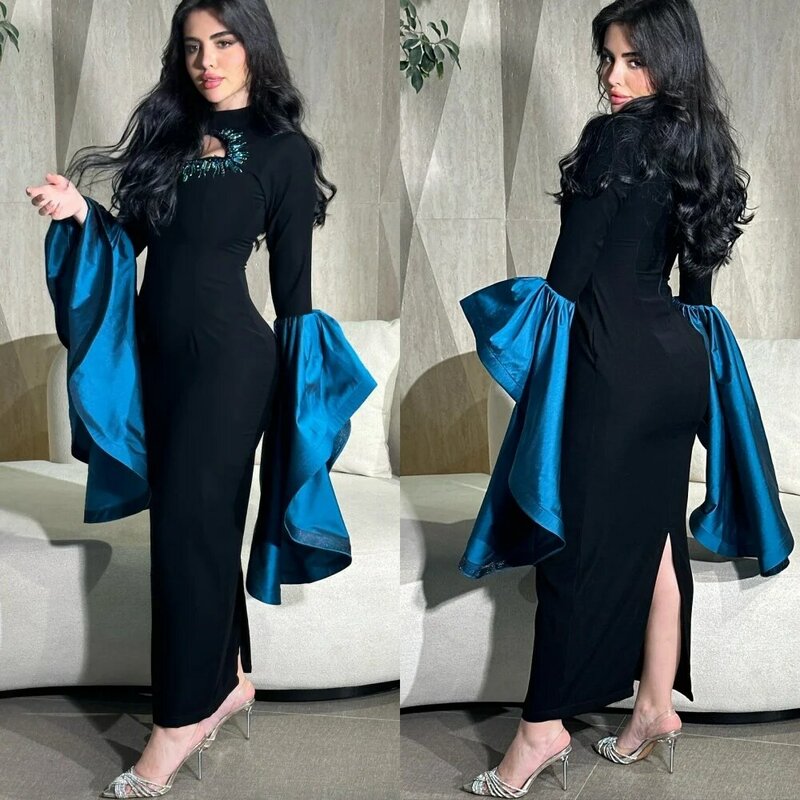 Vestido Midi de cuello alto con diamantes de imitación para mujer, vestido de noche a medida, Jersey de Arabia Saudita