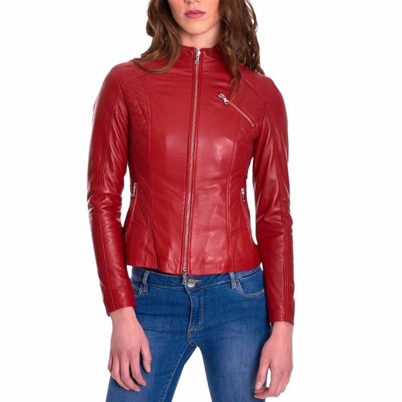 Rot Echtes Lammfell Motorrad Valentine Stilvolle Leder Jacke Frauen