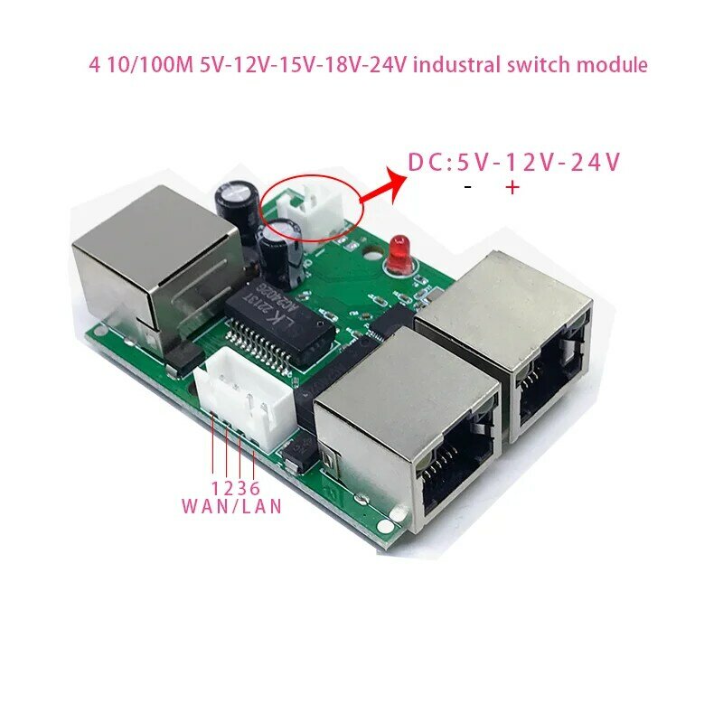 Mini PCBA 4Ports Networkmini ethernet switch module 10/100Mbps  5V 12V 15V 18V 24V